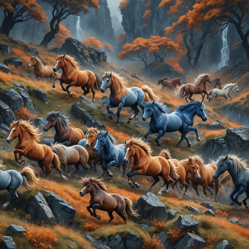 Wild Miniature Ponies Running on Steep Slope