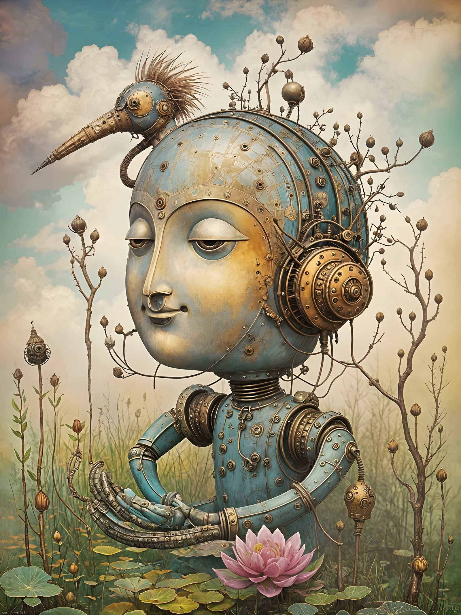 Steampunk Buddha Robot Meditates Among Clouds and Lotus Pond