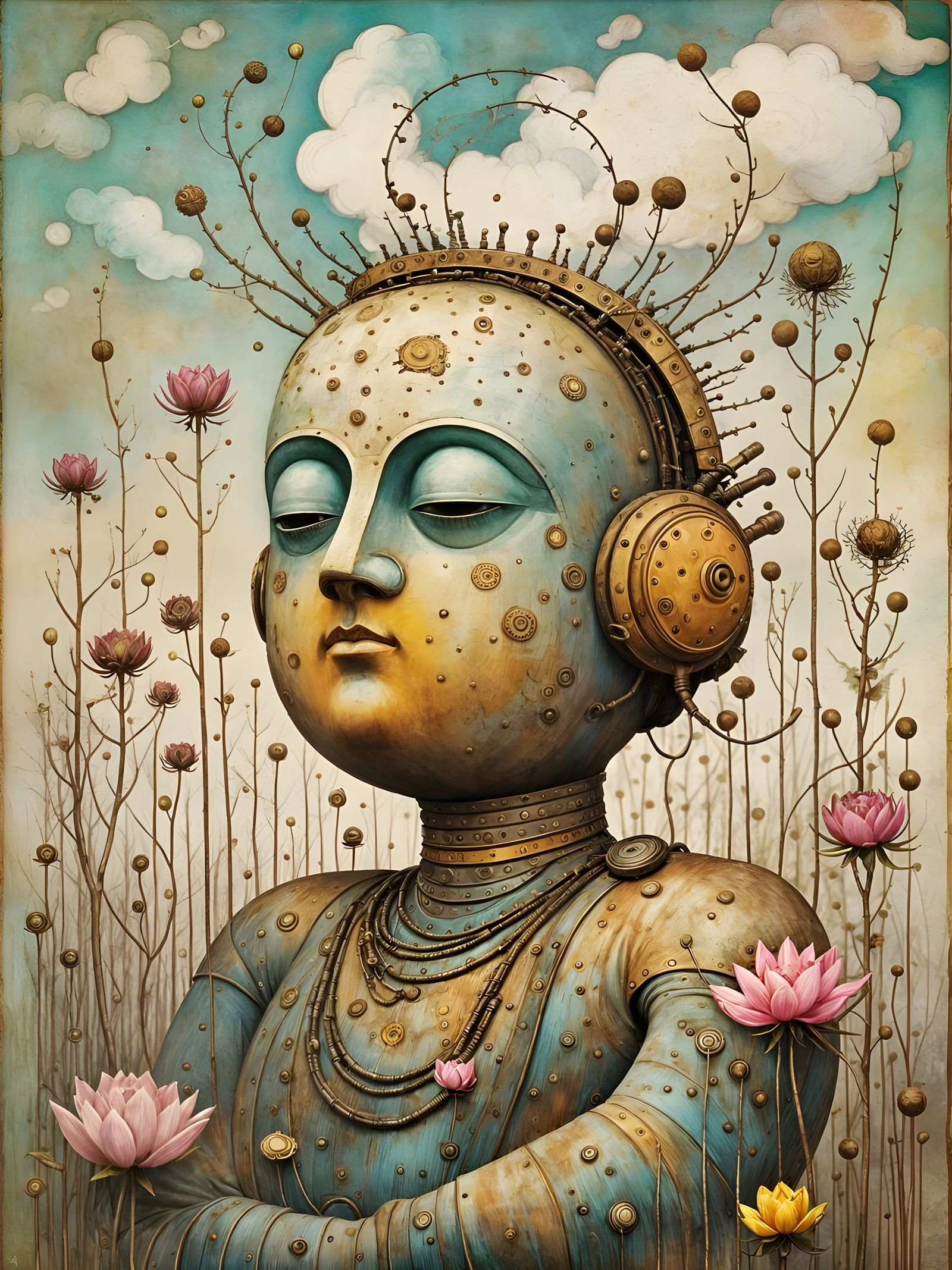 Steampunk Buddha Robot Meditates in a Whimsical World