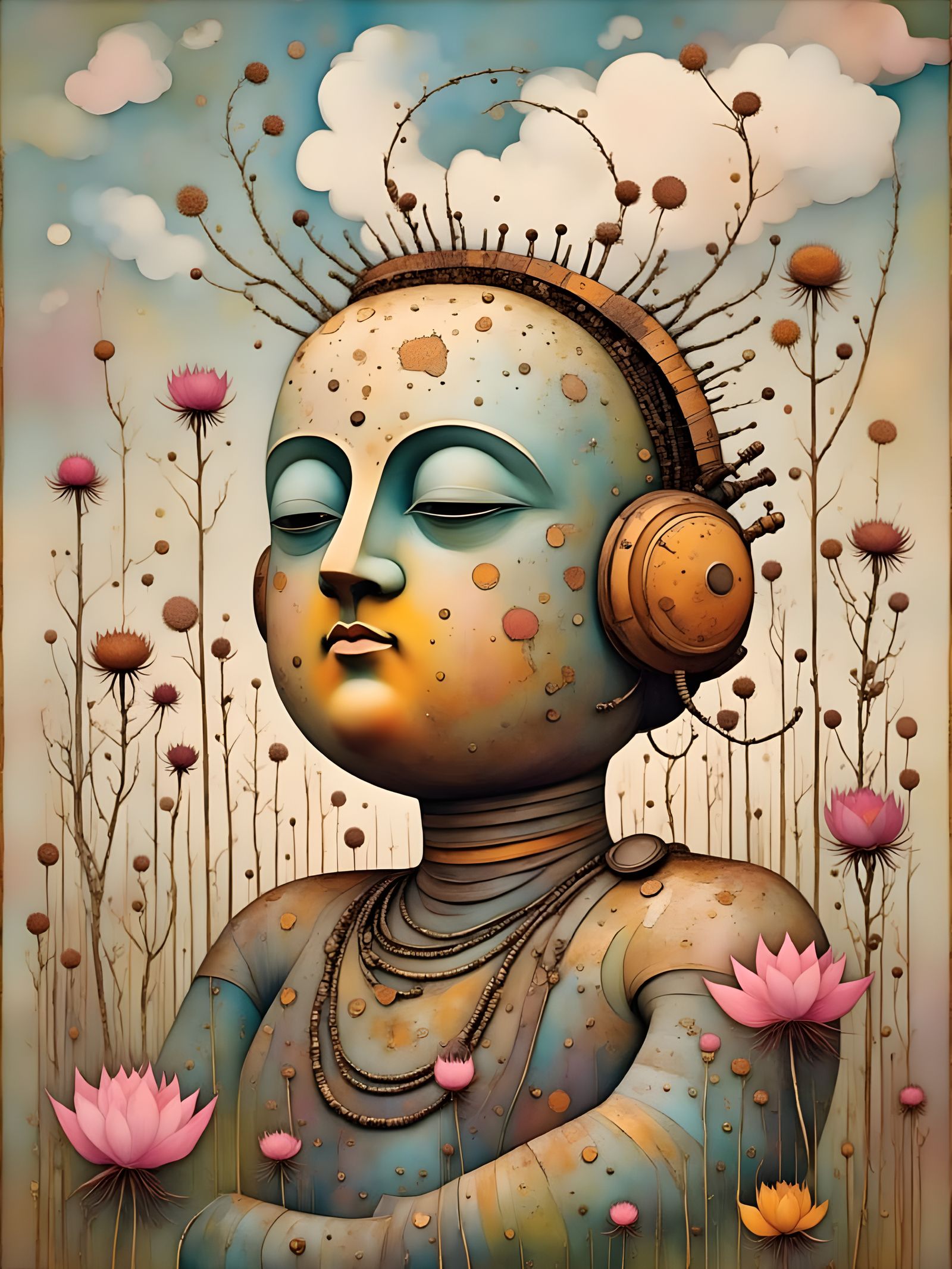 Steampunk Buddha Robot Meditates by Lotus Pond