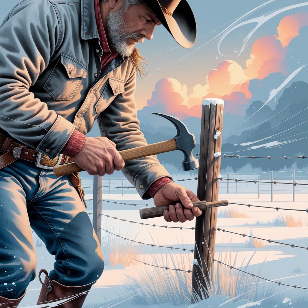 Ethereal Cowboy in Winter Watercolor Landscape