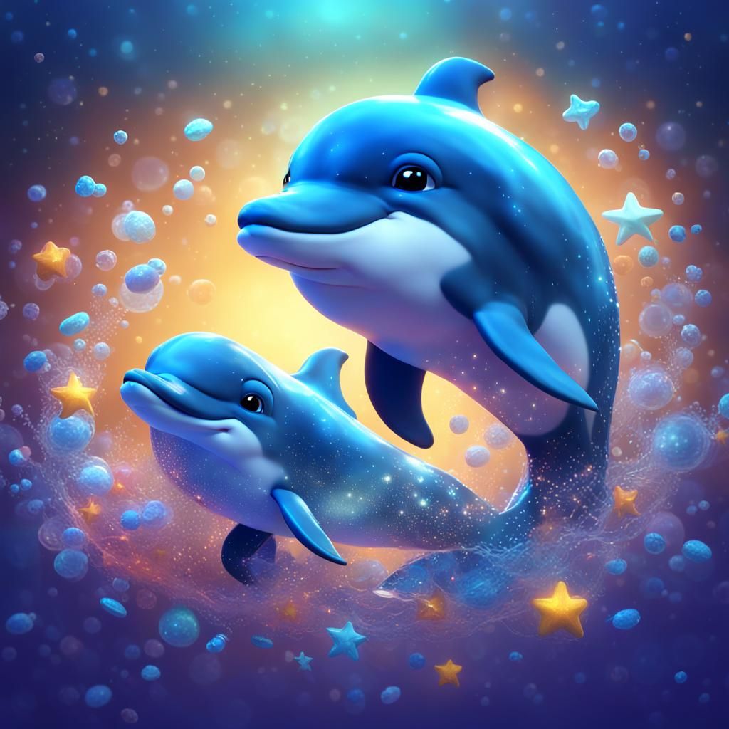 Cute Baby Dolphin Crystal Night in 3D