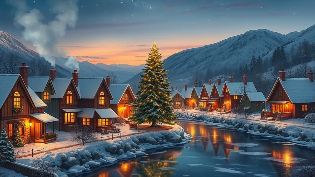 Snowy Village Aglow with Christmas Lights