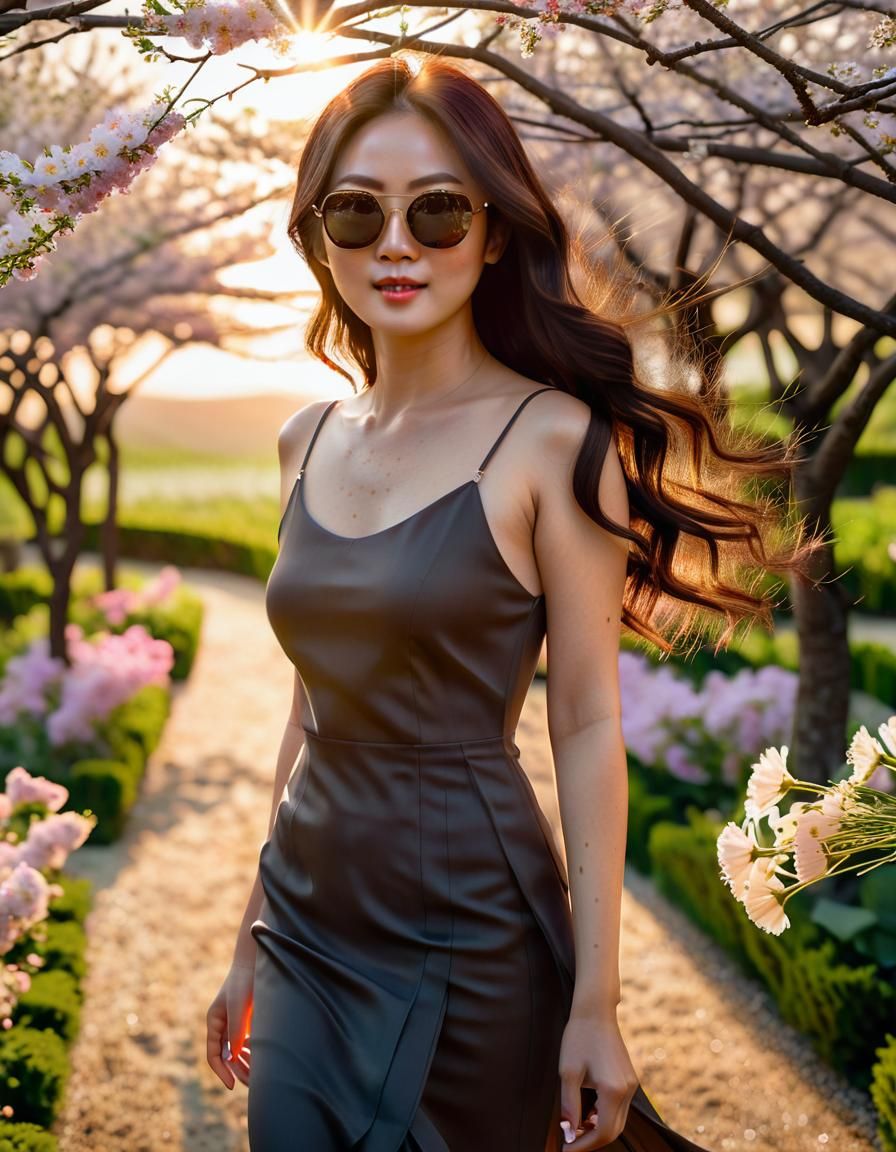 Korean Woman in Garden: Chiaroscuro Oil Painting