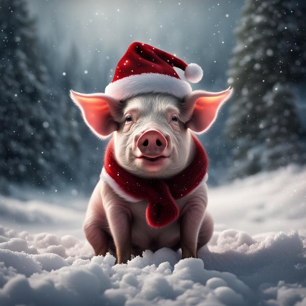 Festive Pig in Snow with Christmas Hat