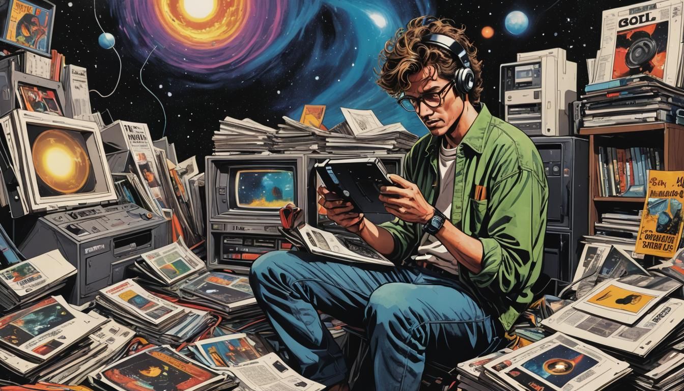 Man with Walkman and Cosmic Anomaly in Comic Art