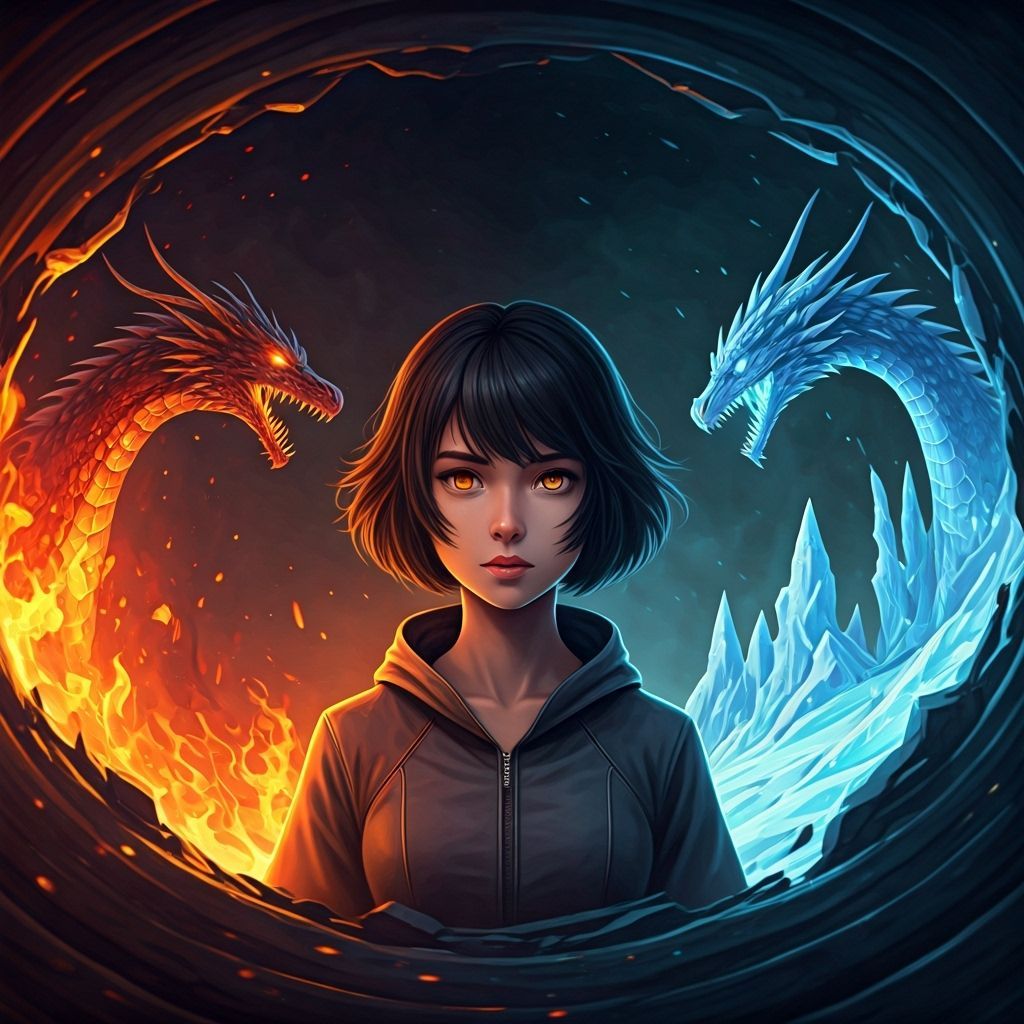 Anime Woman Between Ice & Fire Realms with Dragons