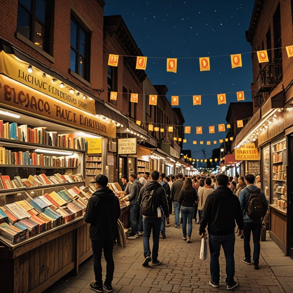 Late Night Bookworms Savoring Tacos in a Vibrant Cityscape