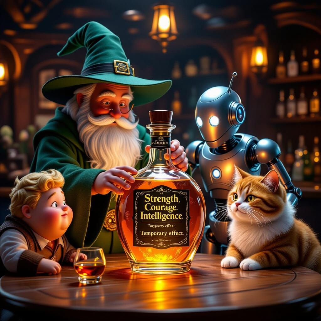 Wizard Bartender Serves Mystical Potion to Diverse Patrons