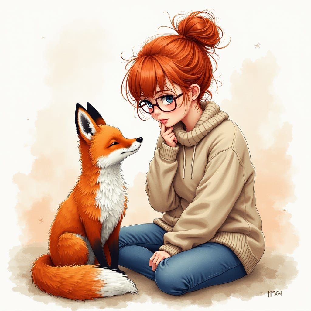 Redhead Girl with Fox in Watercolor Style