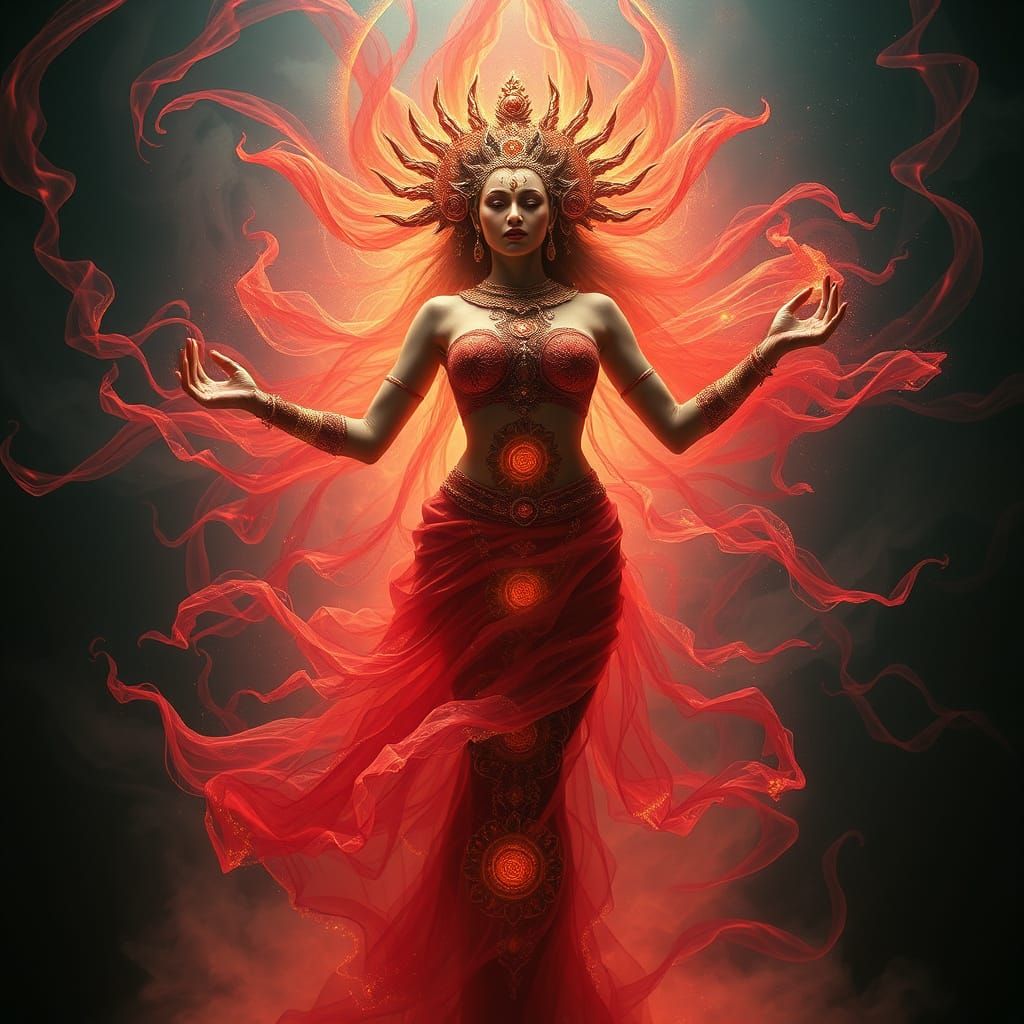 Cosmic Dance of Chinnamasta in Vibrant Red and Gold