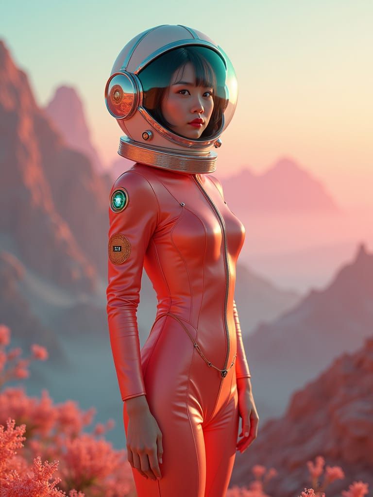 Retro Asian Astronaut in Rose-Orange Suit