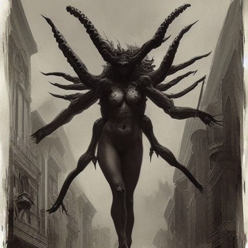 Terrifying Multi-Armed Demon Chase in Gothic Horror Style