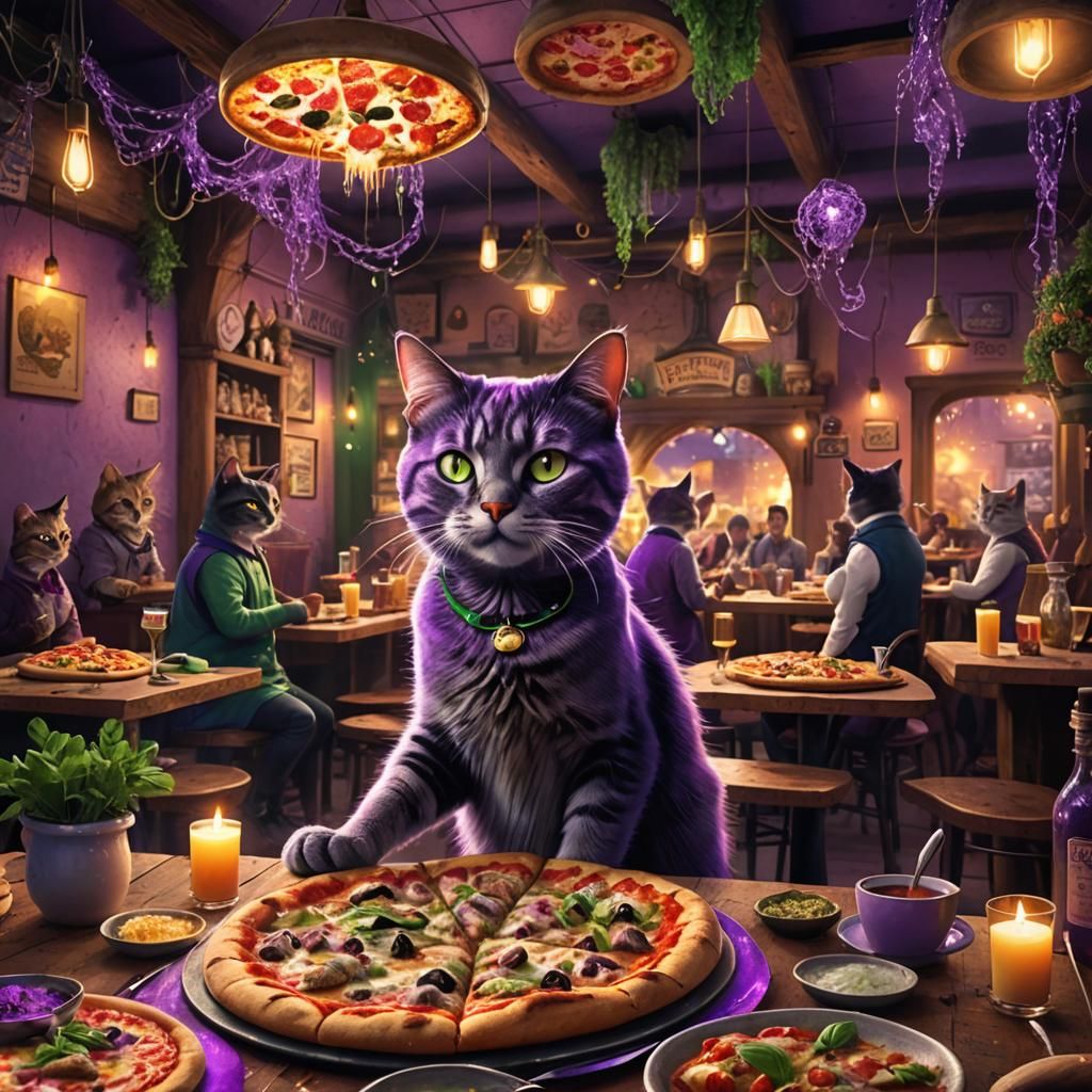 Mystical Cat Pizzeria in Matte Painting Style