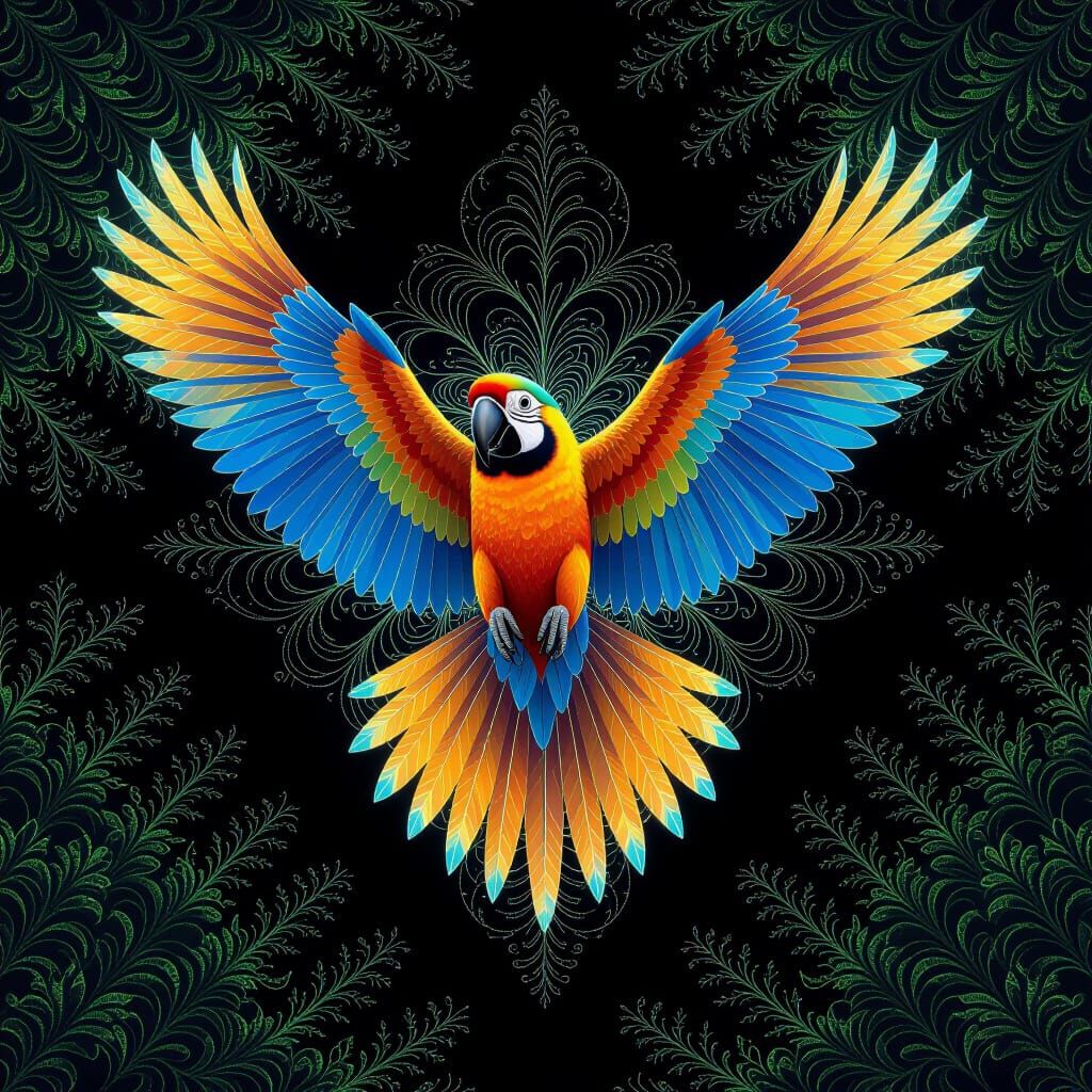 Vibrant Parrot in Symmetrical Fractal Forest