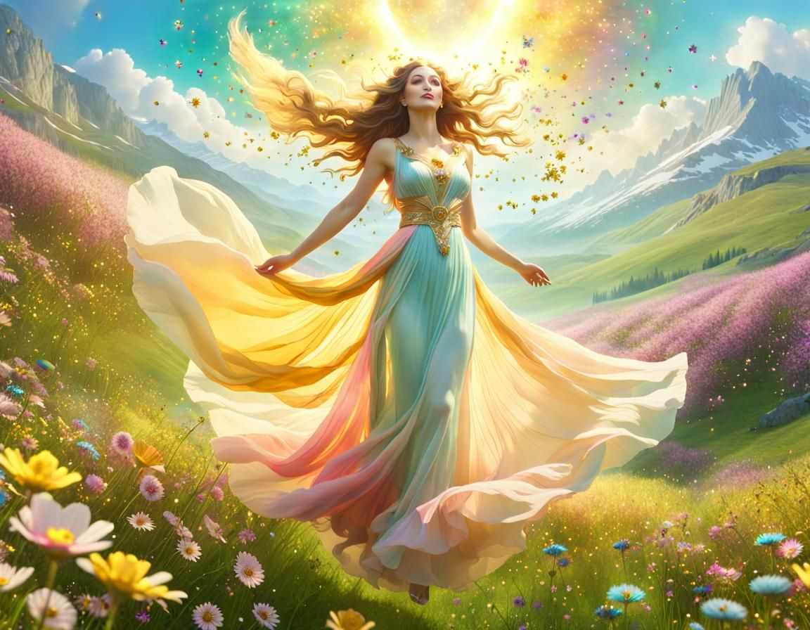Ethereal Spring Goddess Floating Above Blooming Meadow