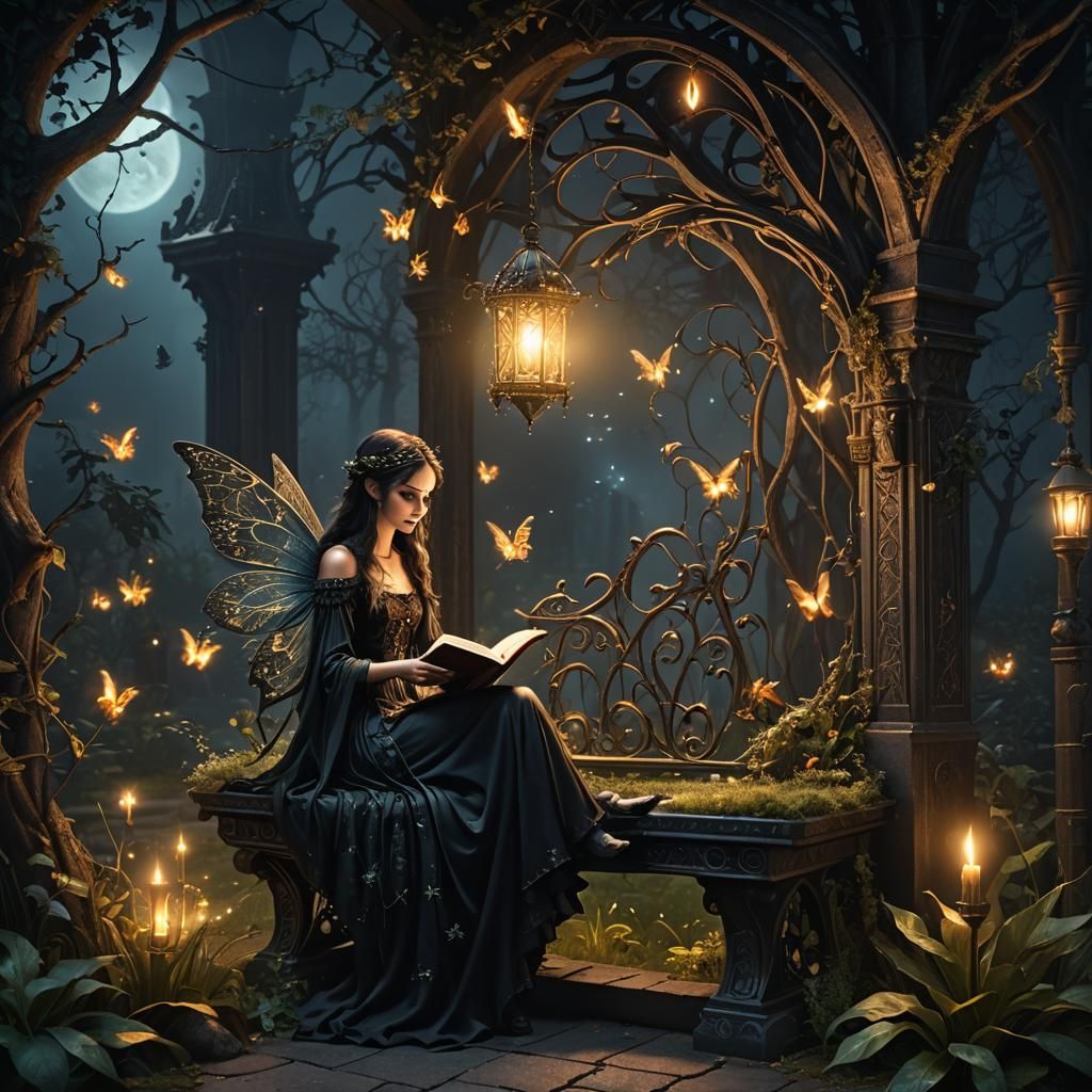 Dark Fairy Reading in Mystical Garden