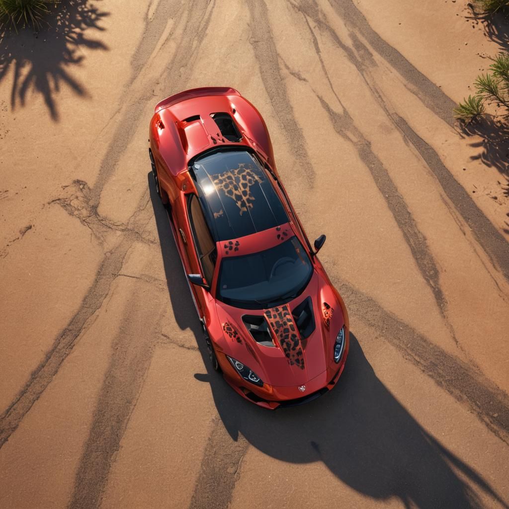 Red Sports Car with Leopard in Savannah