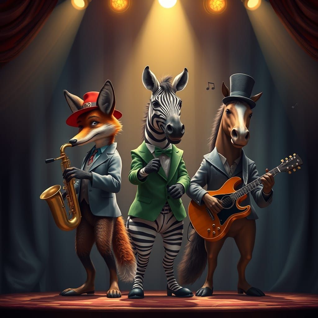 three anthropomorphic animals playing musical instruments on...