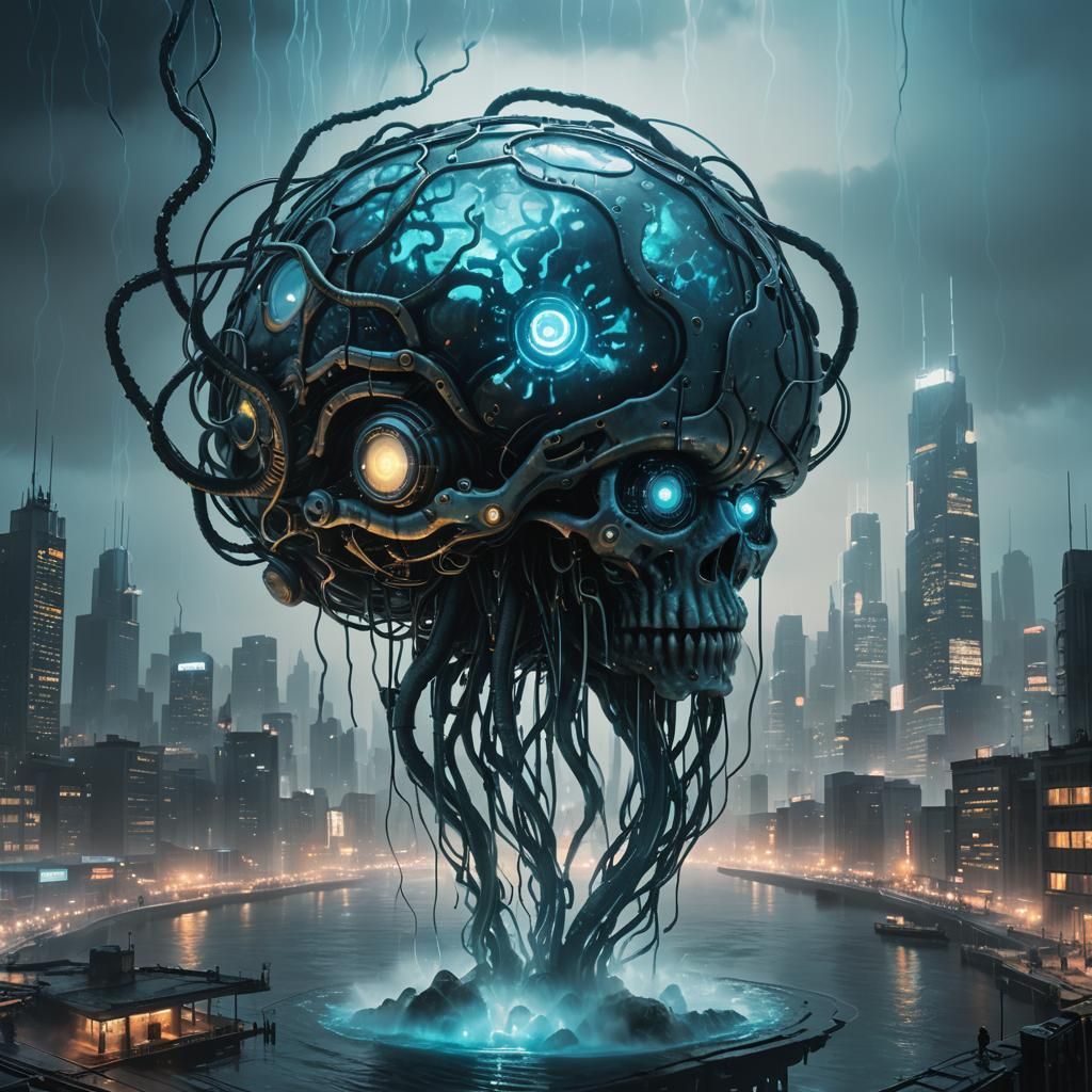 Cyberpunk Brain with Bioluminescent Eye in Glass