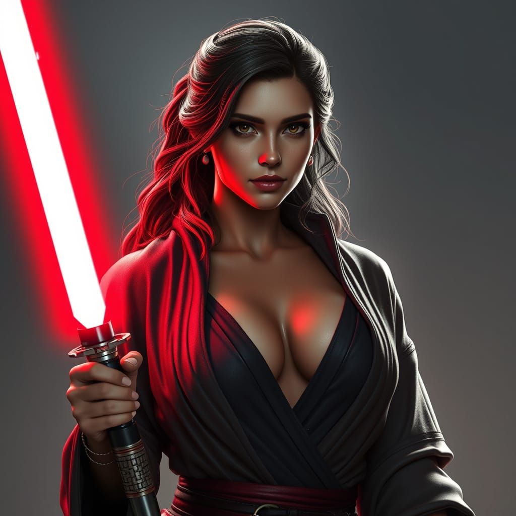 Voluptuous Sith Woman with Red Lightsaber Portrait