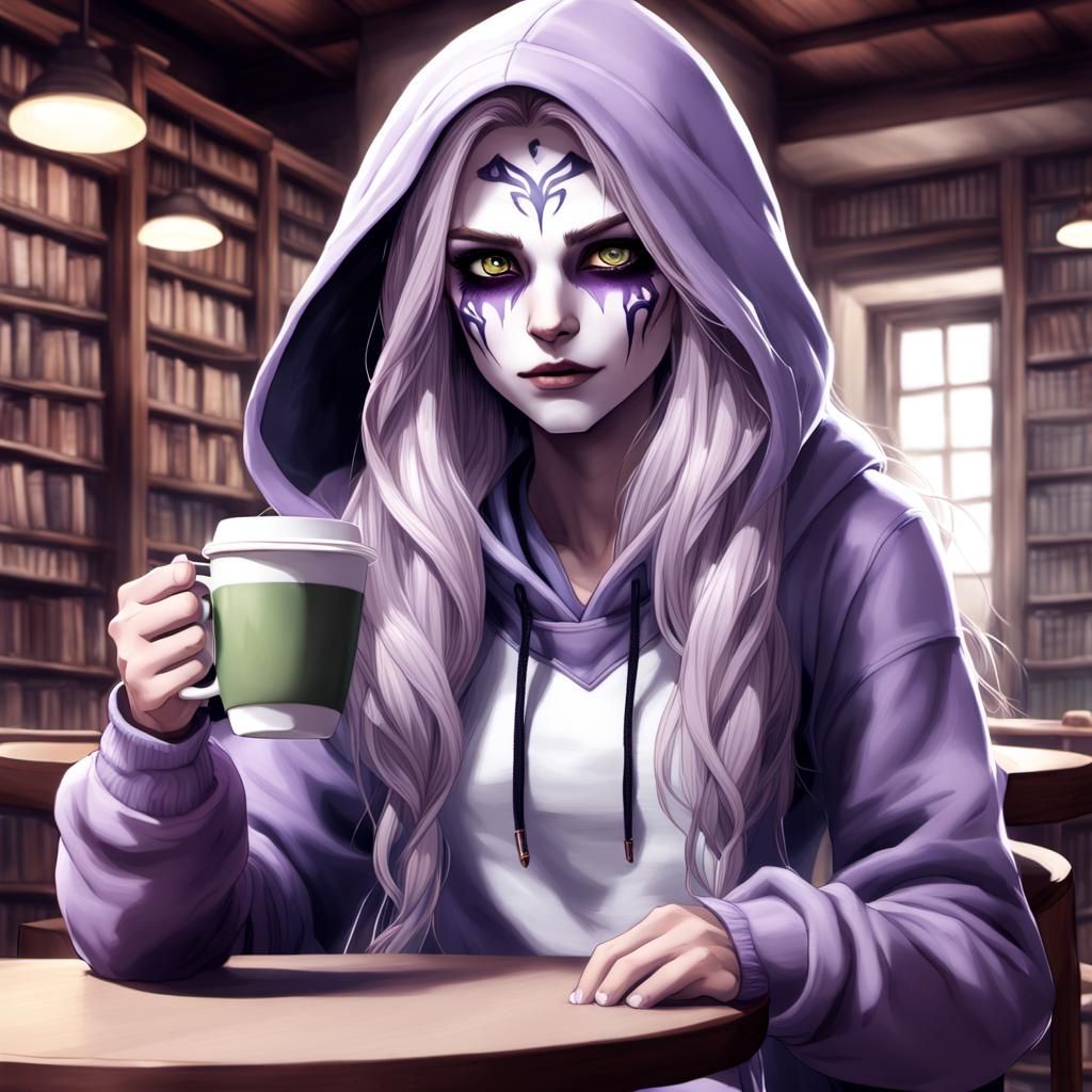 Fantasy Librarian with Lavender Skin, Digital Art