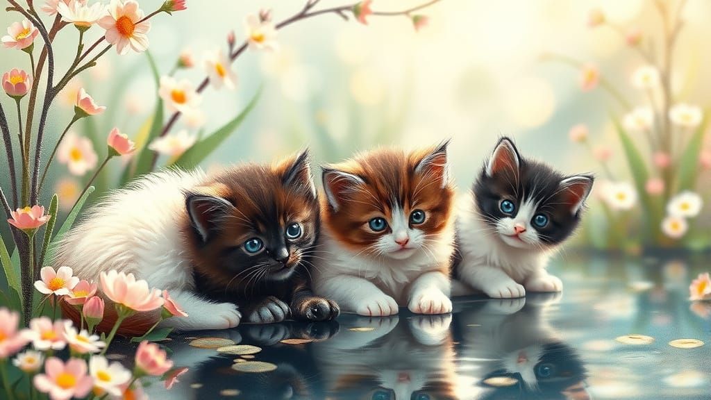 Cute Fluffy Kittens in Spring Pond Scene