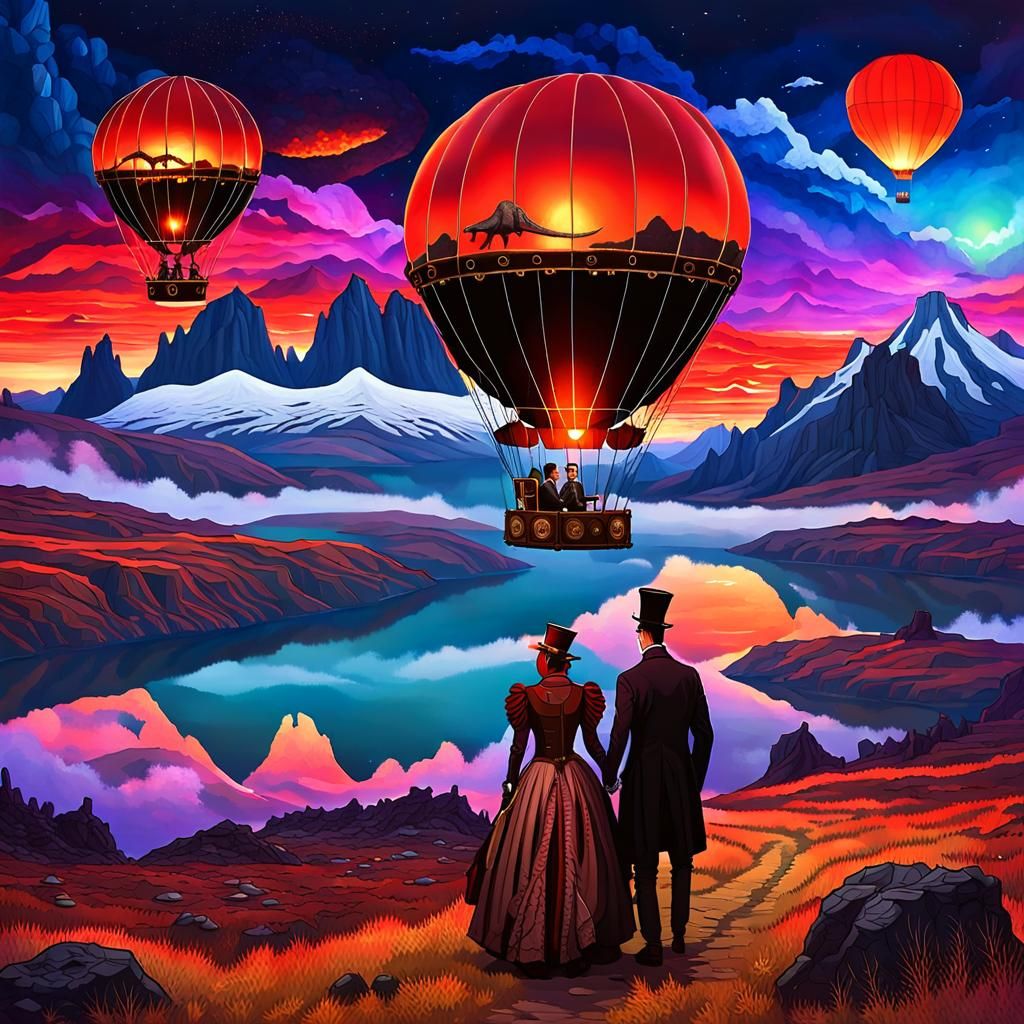 Steampunk Airship Over Primeval World at Sunset