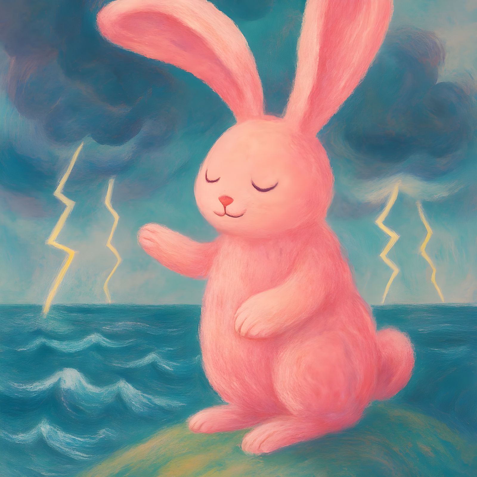 Giant Pink Bunny Calming Stormy Seas in Whimsical Style