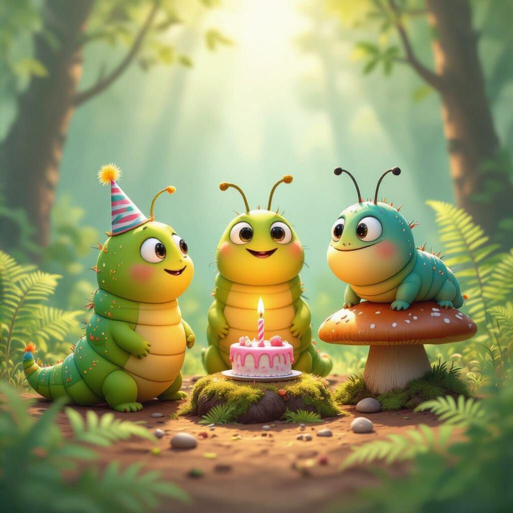 Caterpillar Party in Forest Clearing, 3D Digital Art