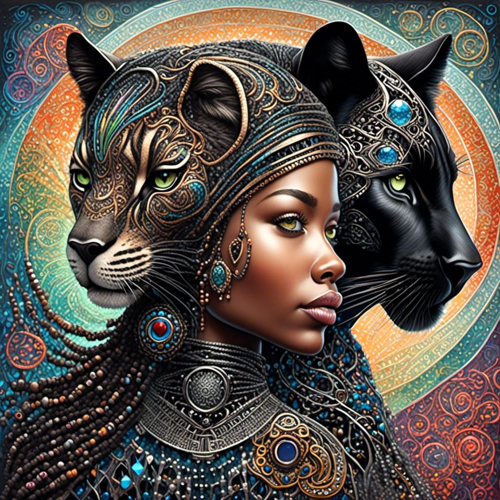 Cyborg and Panther Portrait in Zentangle Style