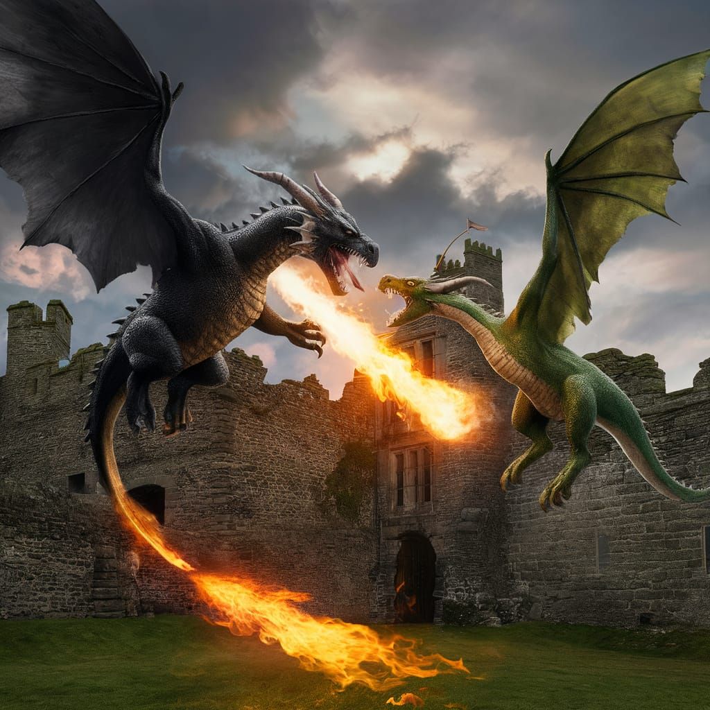 Two dragons, A black Fire breathing medieval dragon fighting...