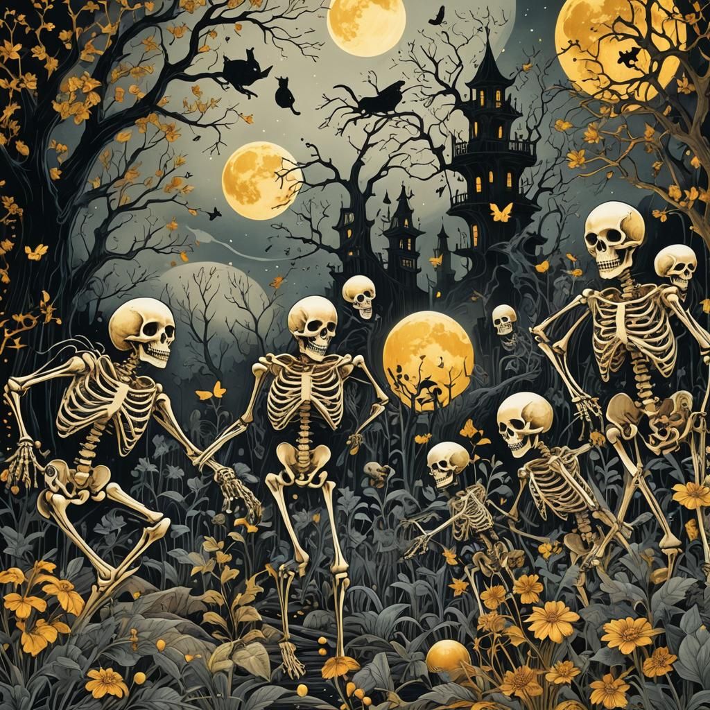 Whimsical Lithography: Dancing Ghosts Under Moonlight