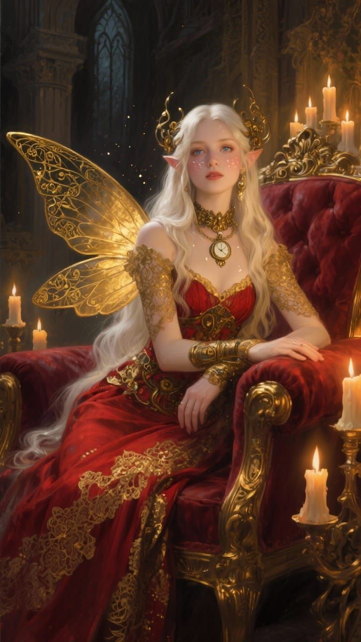 Steampunk Fairy in Opulent Castle, Oil Painting Style