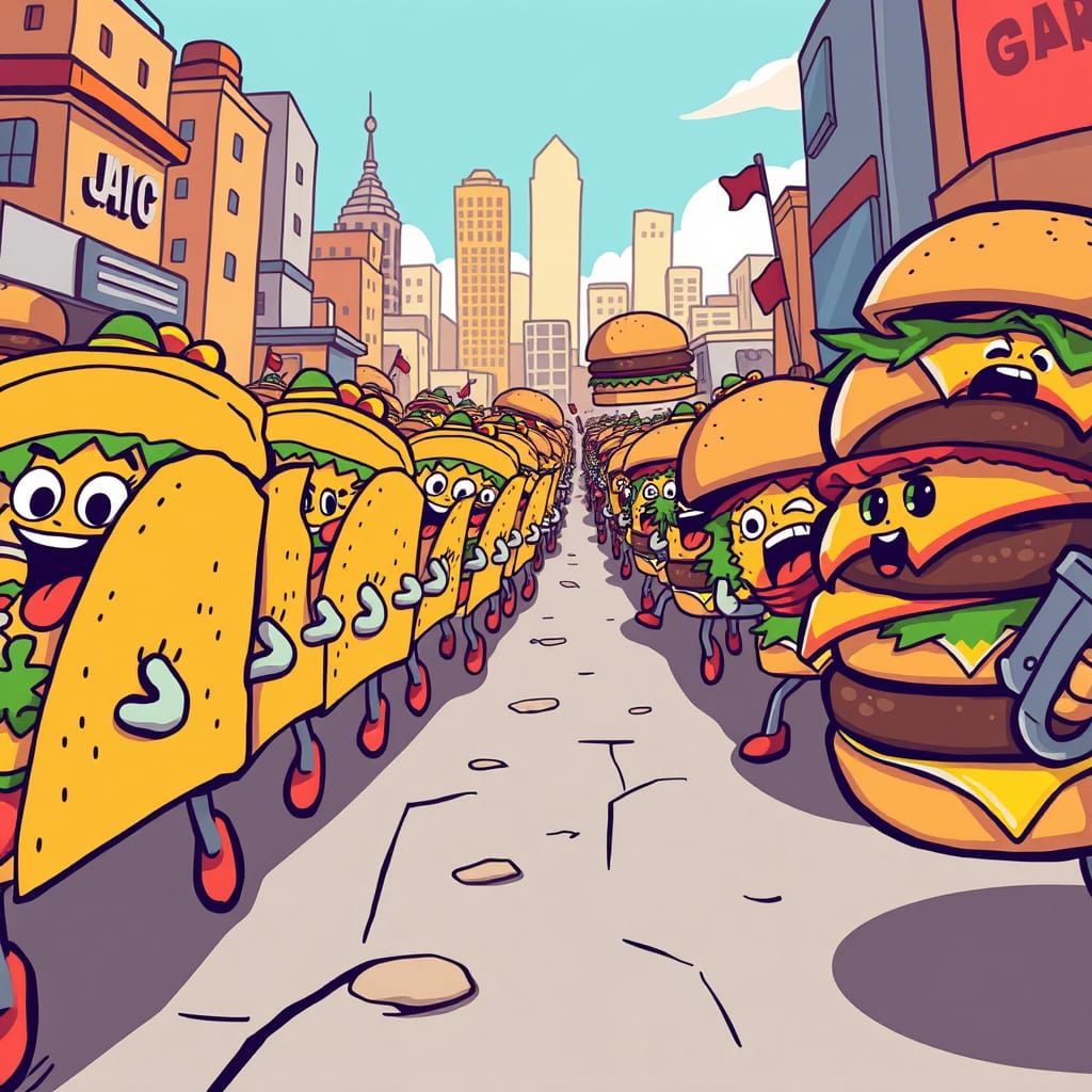 Vibrant Taco Army Battles Comical Burger Army in Whimsical C...