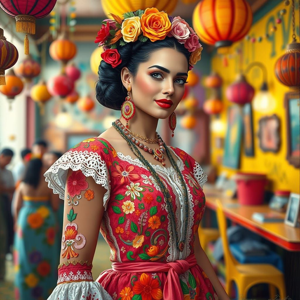 Festive Mexican Woman in Surrealist Style