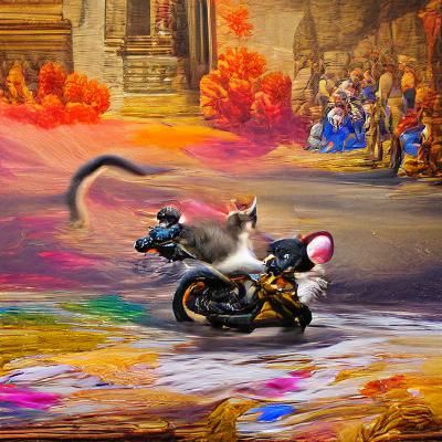 Mouse running away from colorful cat on a motorcycle renaiss...