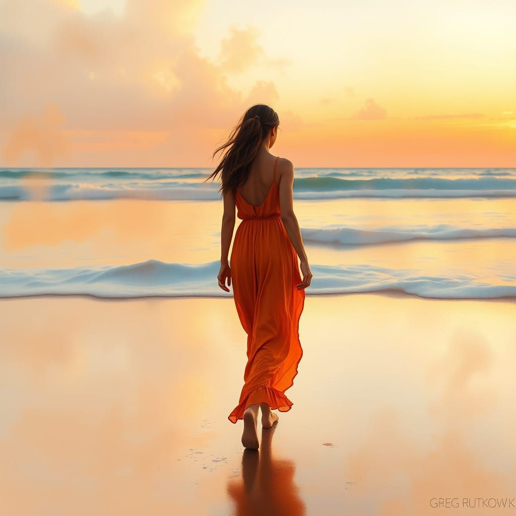 Vibrant Dawn Scene with a Woman Walking the Beach