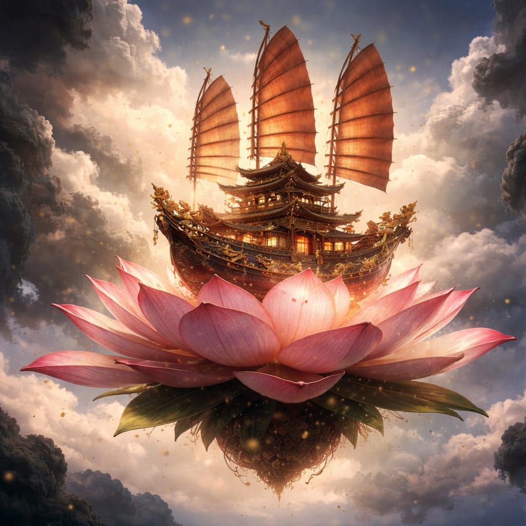 Chinese Junk Ship on Floating Lotus Flower