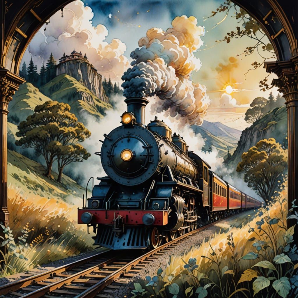 Victorian-Era Train in Whimsical Watercolor Style