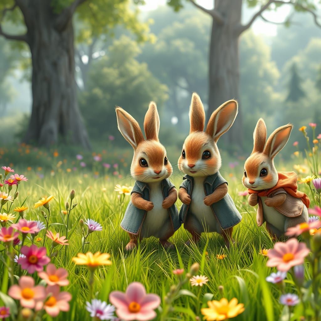 Peter Rabbit and Family Play in Meadow: Hyper-Realistic