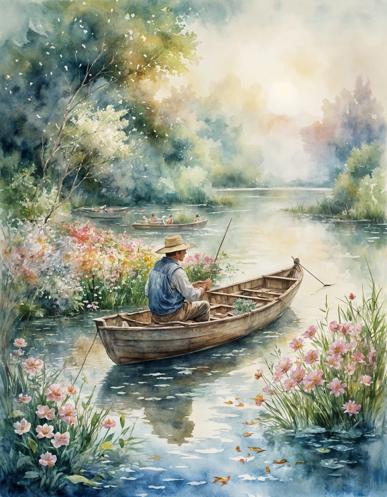 Fisherman Feeding Fish in a Flower Boat
