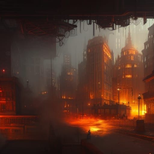 Steampunk City Street Scene with Brass Machine