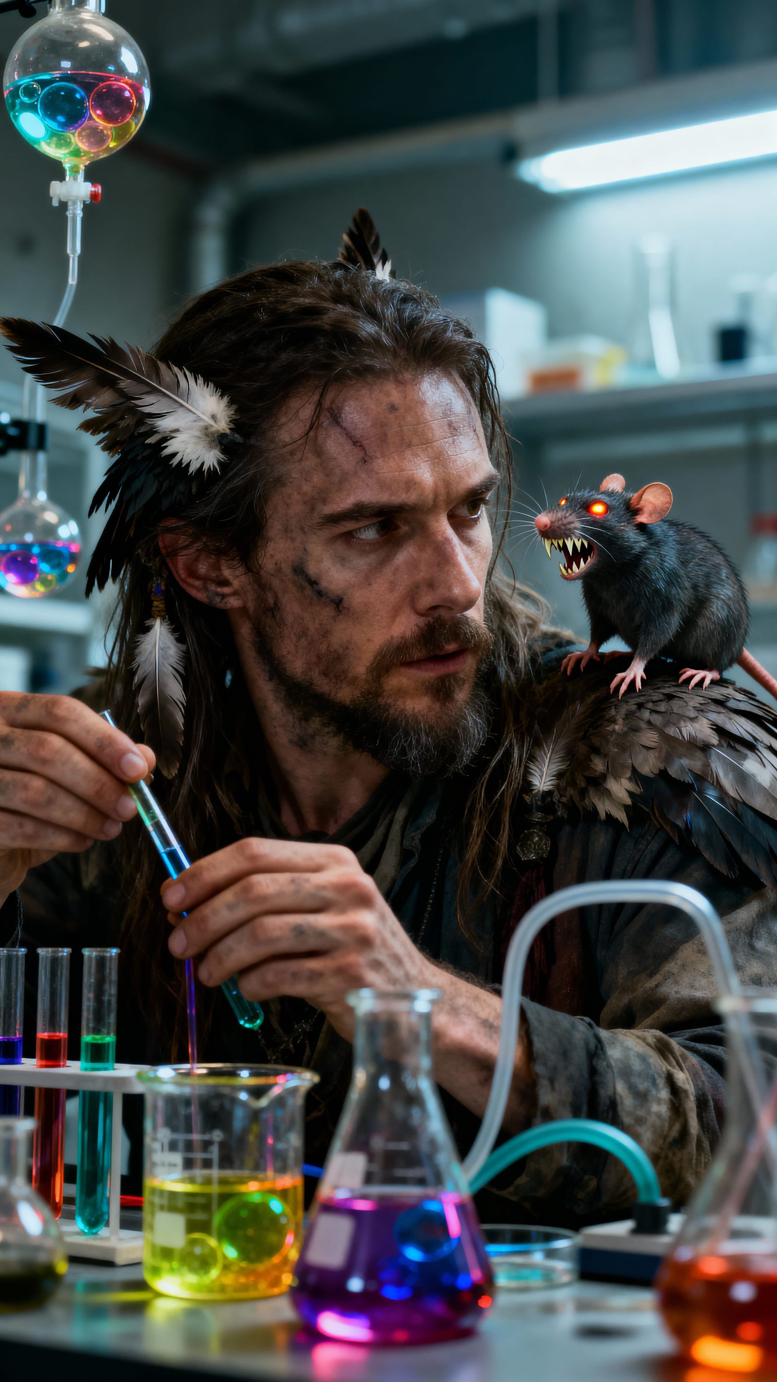 Scientist with Vulture Feathers and Super-Rat in Lab