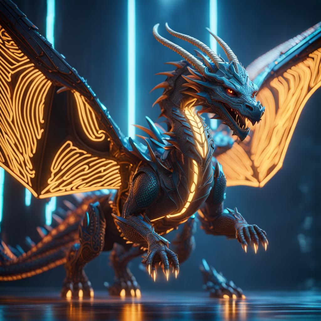 Electric Dragon in Tron-Style Armor: Fantasy Concept Art