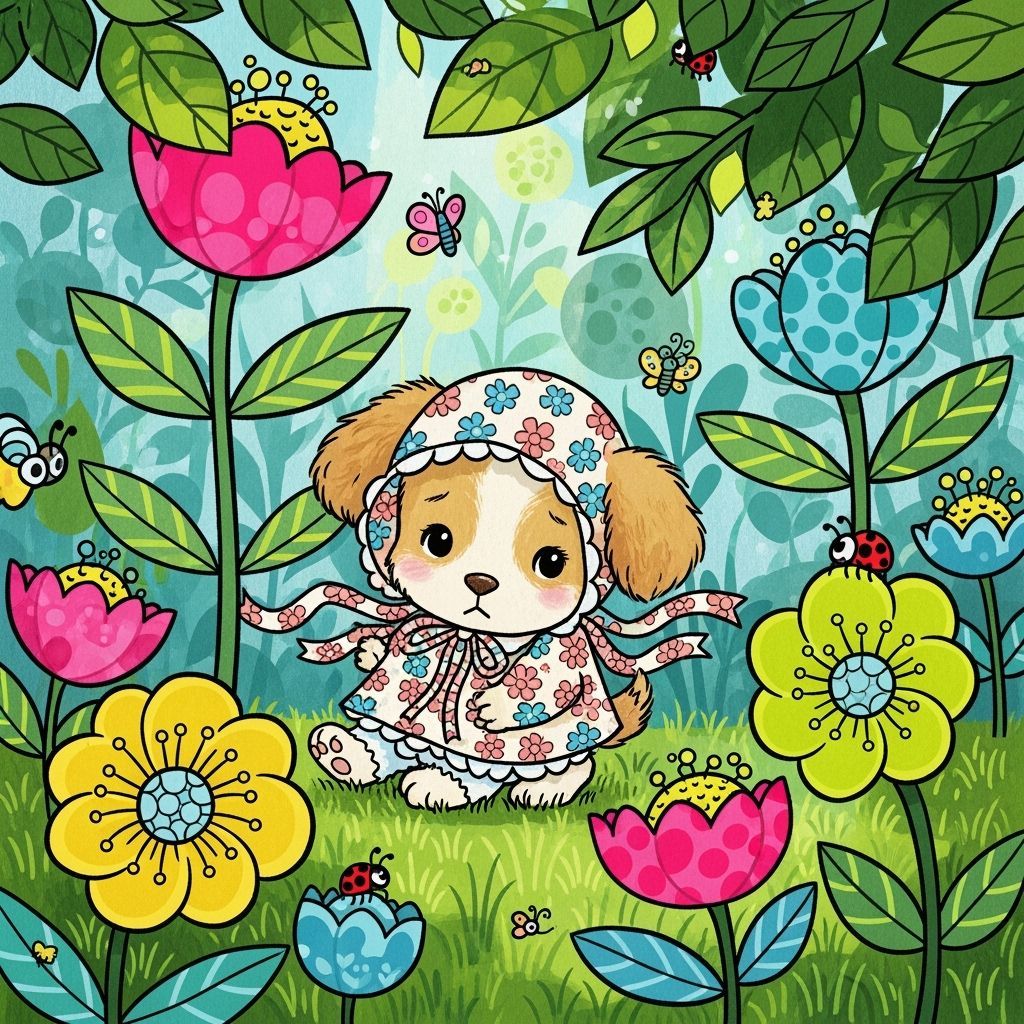Adorable Puppy in Garden, Inspired by Children's Book Art
