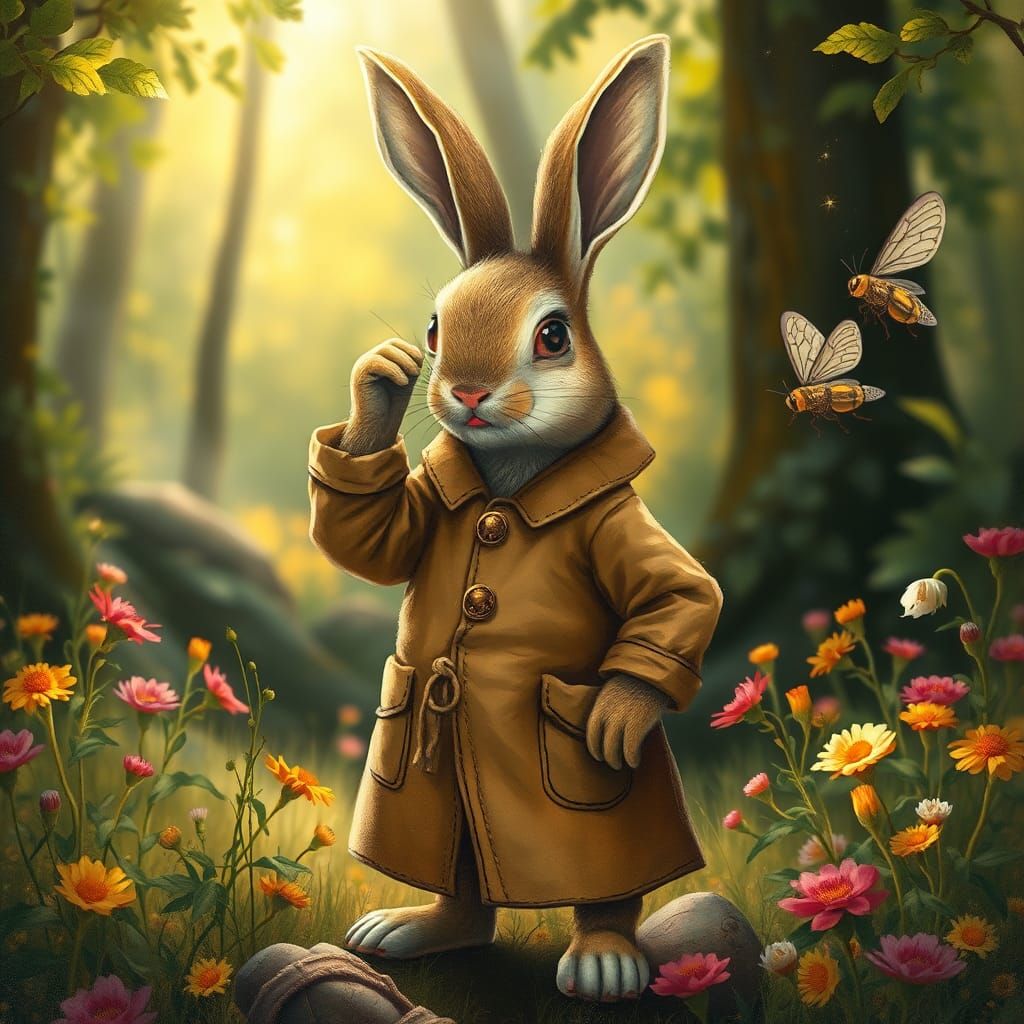 Whimsical Rabbit in Forest Glade, Art Nouveau Style