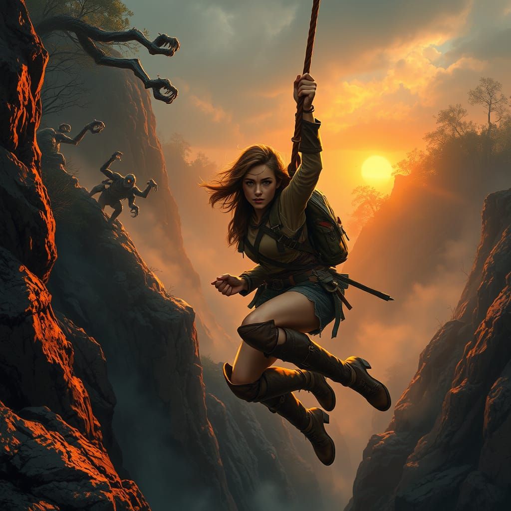 Daring Adventuress Leaps Across Chasm in Foreboding Landscap...