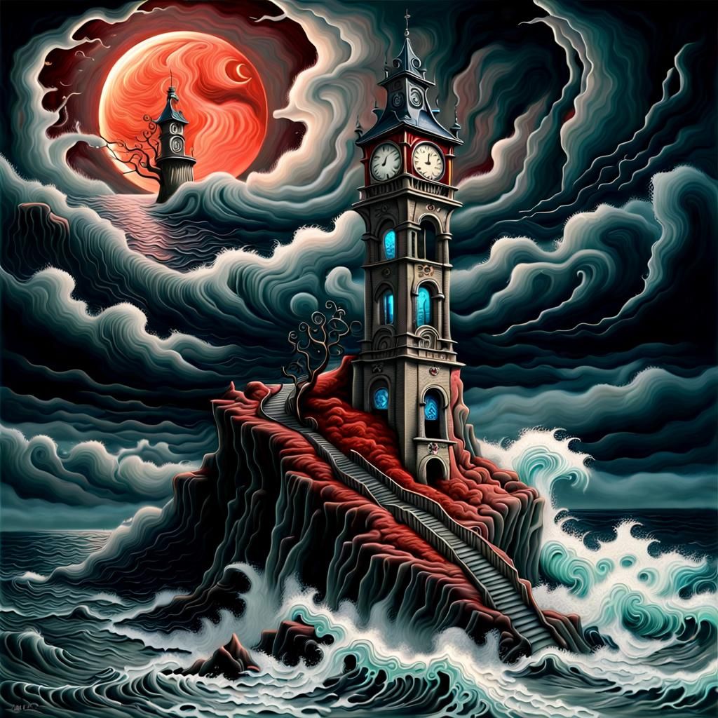 Sinister Clock Tower Overlooking a Blood Moon