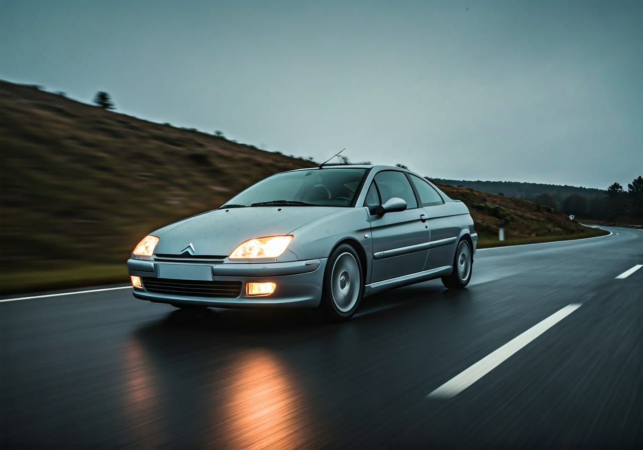 Sleek Silver Citroën 928 Speeds Down Winding Rain-Soaked Roa...